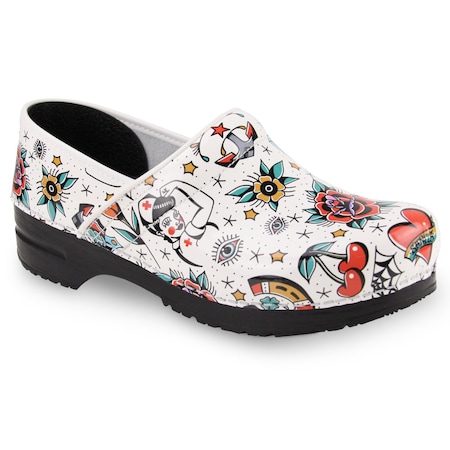 ROCKABILLY Women's Closed Back Clog In Traditional Tattoo, Size 9.5-10, PR